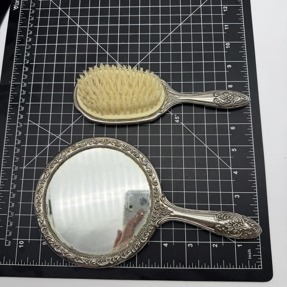 Vintage Silverplate Vanity Hand Mirror & Hair Brush Set Ornate Floral Repousse